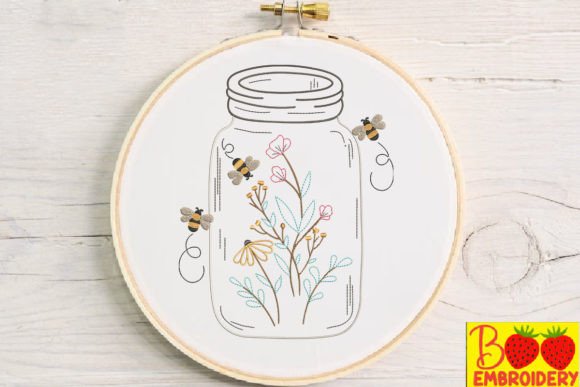 Glass Jar with Floral and Bee Flowers